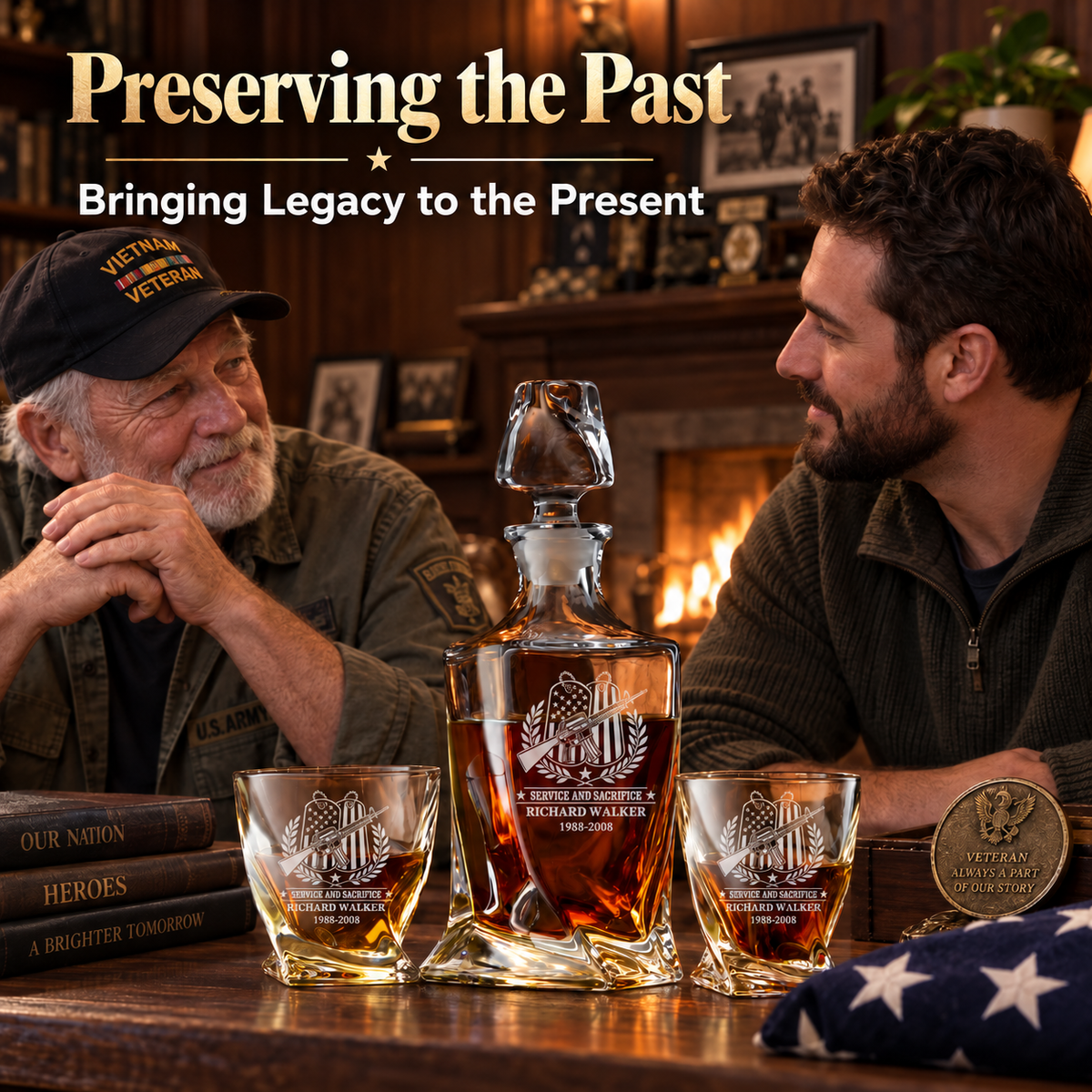 Veterans Day Gift – Twisted Decanter Set with 2 Glasses, 6 Whiskey Bullets & Wooden Box product image