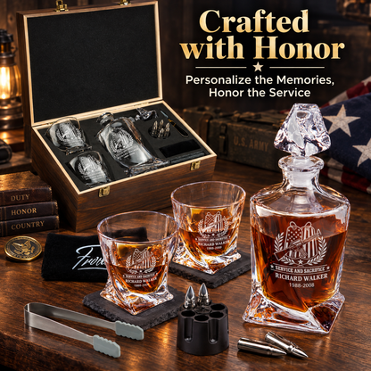 Veterans Day Gift – Twisted Decanter Set with 2 Glasses, 6 Whiskey Bullets & Wooden Box – image 8