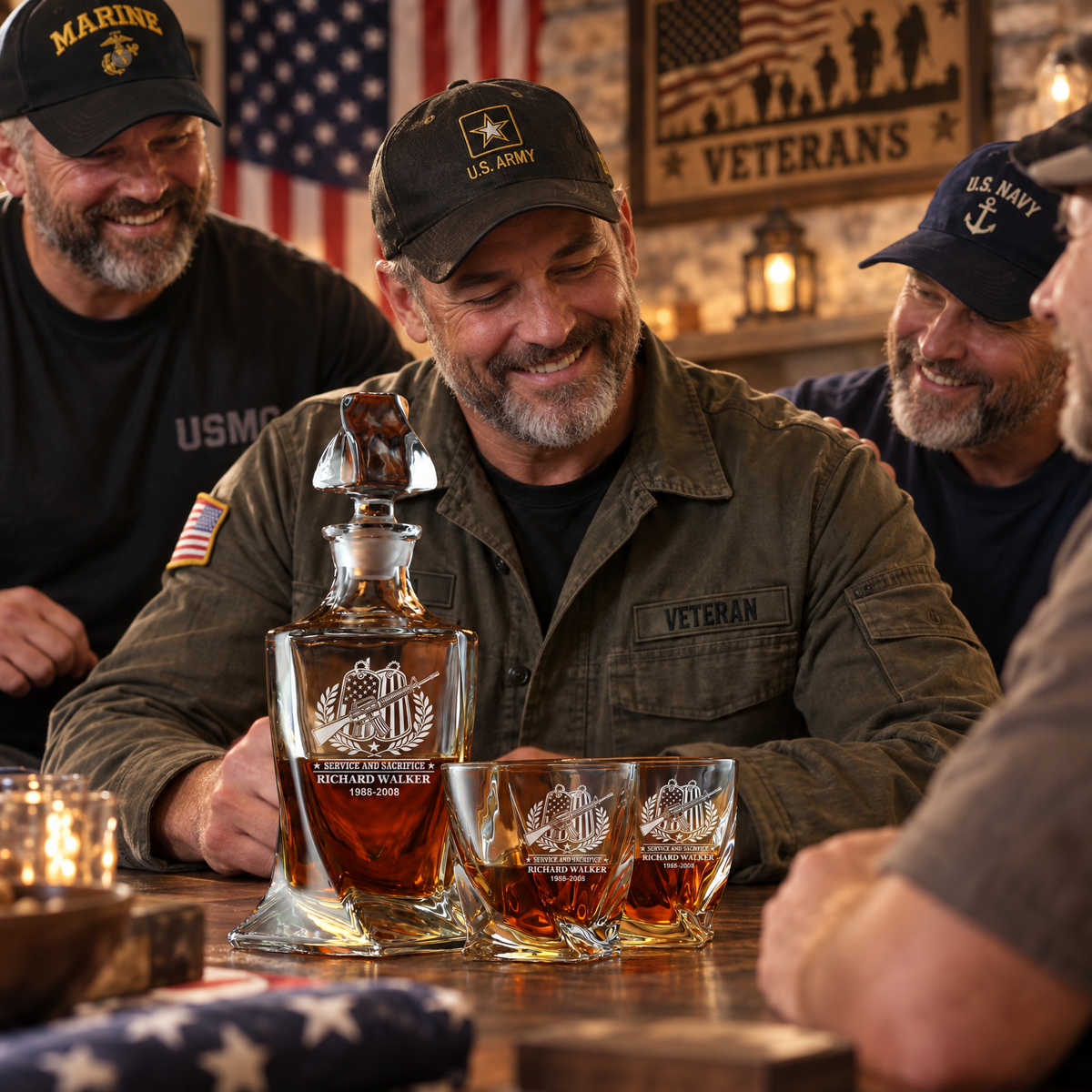 Veterans Day Gift – Twisted Decanter Set with 2 Glasses, 6 Whiskey Bullets & Wooden Box product image