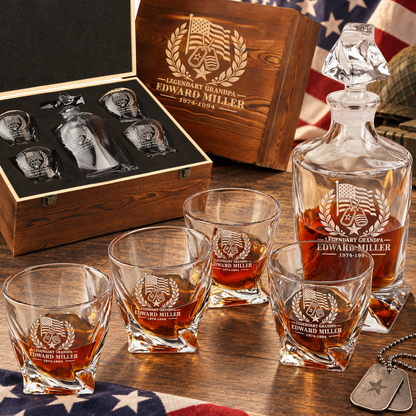Veterans Day Gift – Twisted Decanter Set with 4 Glasses & Wooden Box – image 1