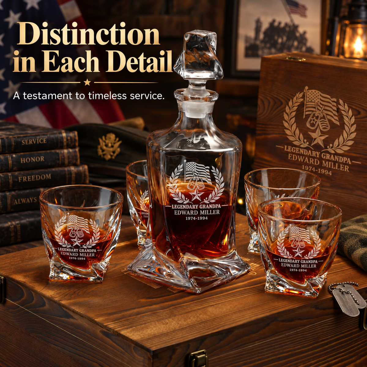 Veterans Day Gift – Twisted Decanter Set with 4 Glasses & Wooden Box – image 10
