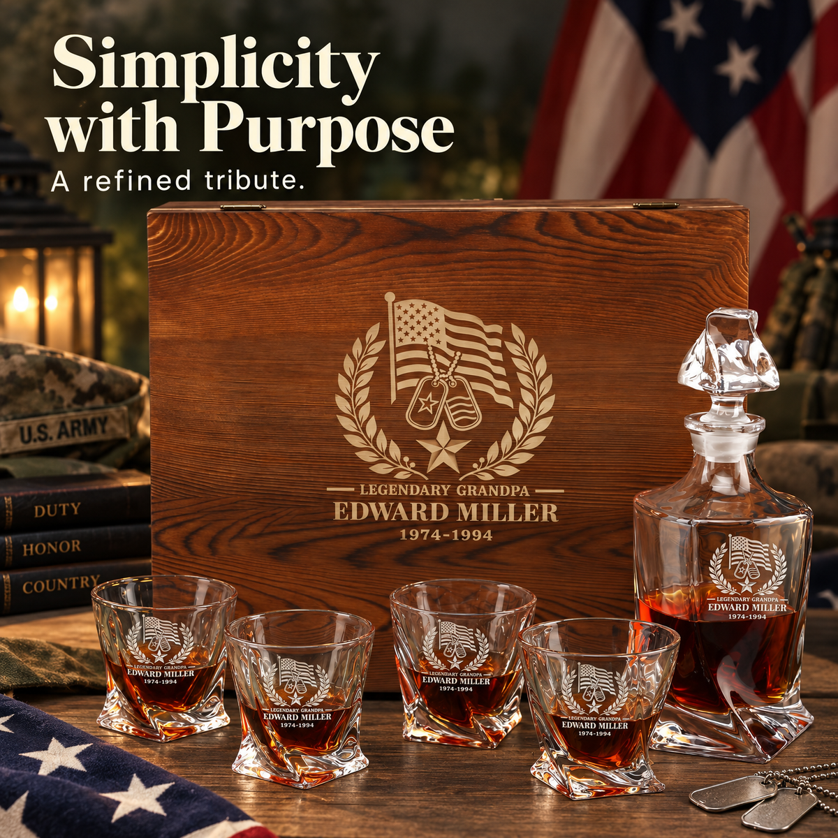Veterans Day Gift – Twisted Decanter Set with 4 Glasses & Wooden Box product image