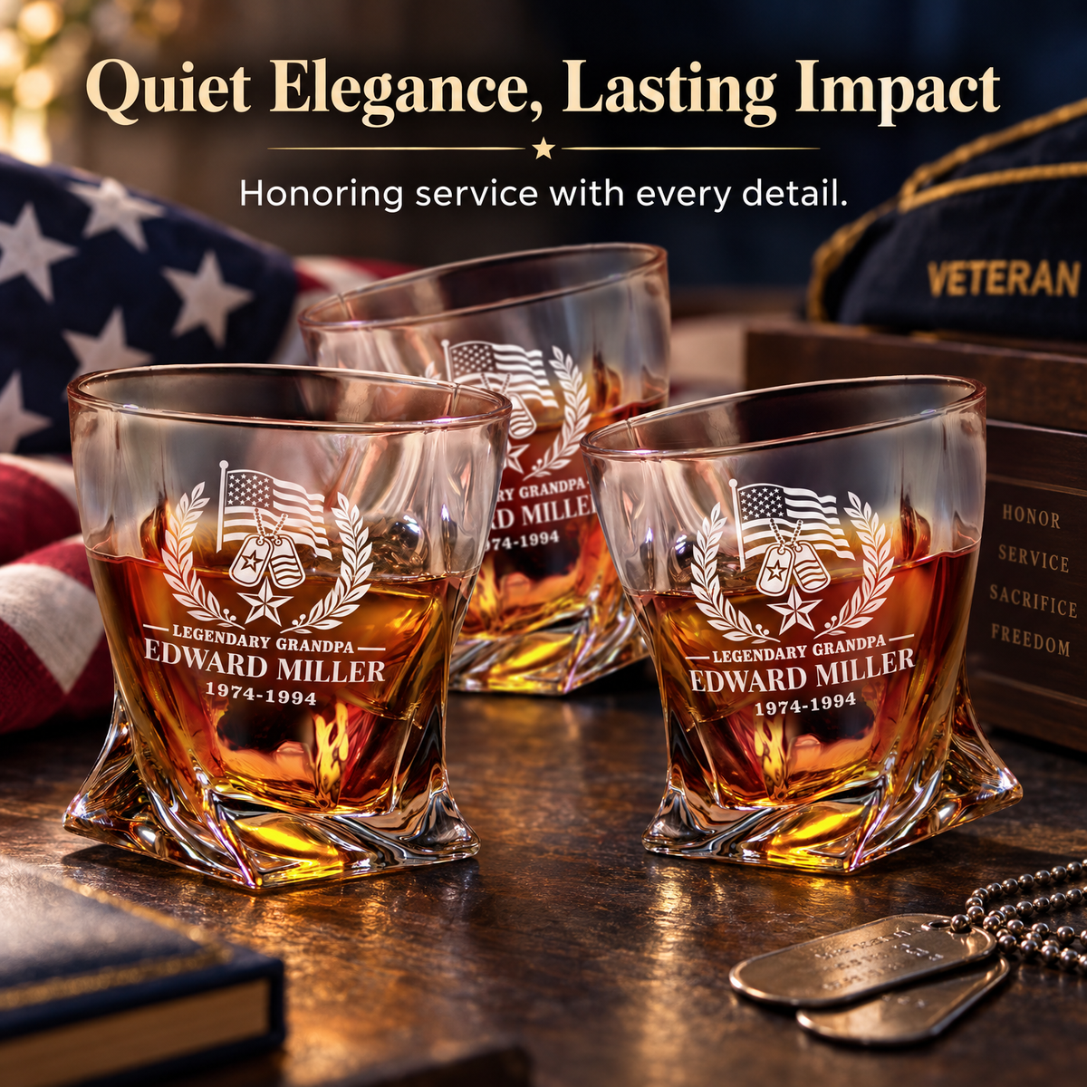 Veterans Day Gift – Twisted Decanter Set with 4 Glasses & Wooden Box product image