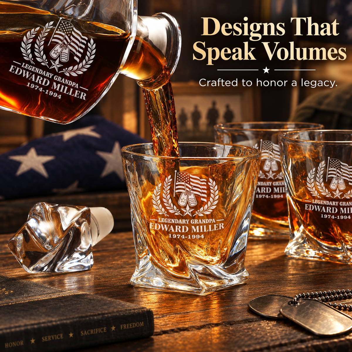 Veterans Day Gift – Twisted Decanter Set with 4 Glasses & Wooden Box – image 14