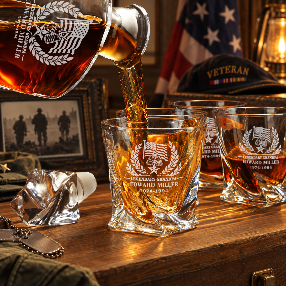 Veterans Day Gift – Twisted Decanter Set with 4 Glasses & Wooden Box product image