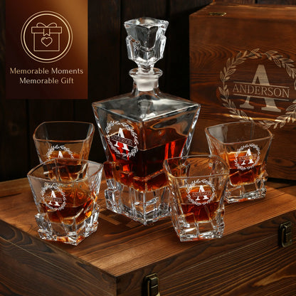 Stone Cut Frolk Whiskey Gift Set — Decanter, 4 Glasses, Premium Wooden Box
