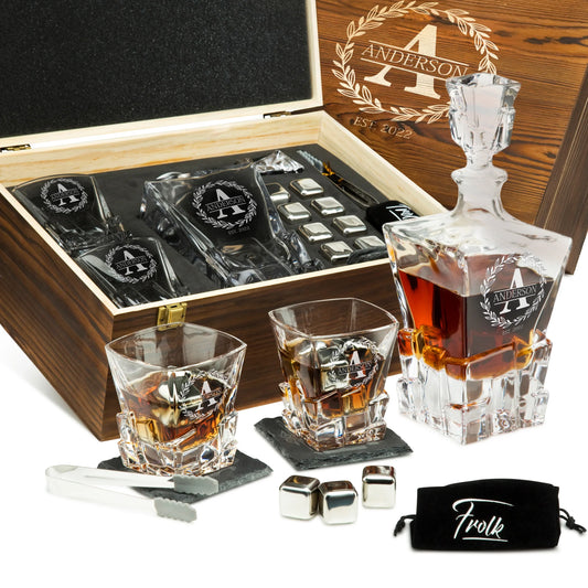 Stone Cut Frolk Whiskey Gift Set — Decanter, 2 Glasses, Premium Wooden Box