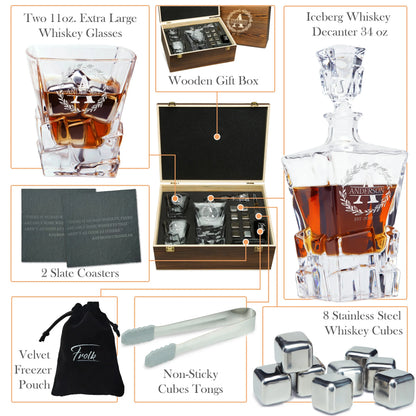 Stone Cut Frolk Whiskey Gift Set — Decanter, 2 Glasses, Premium Wooden Box