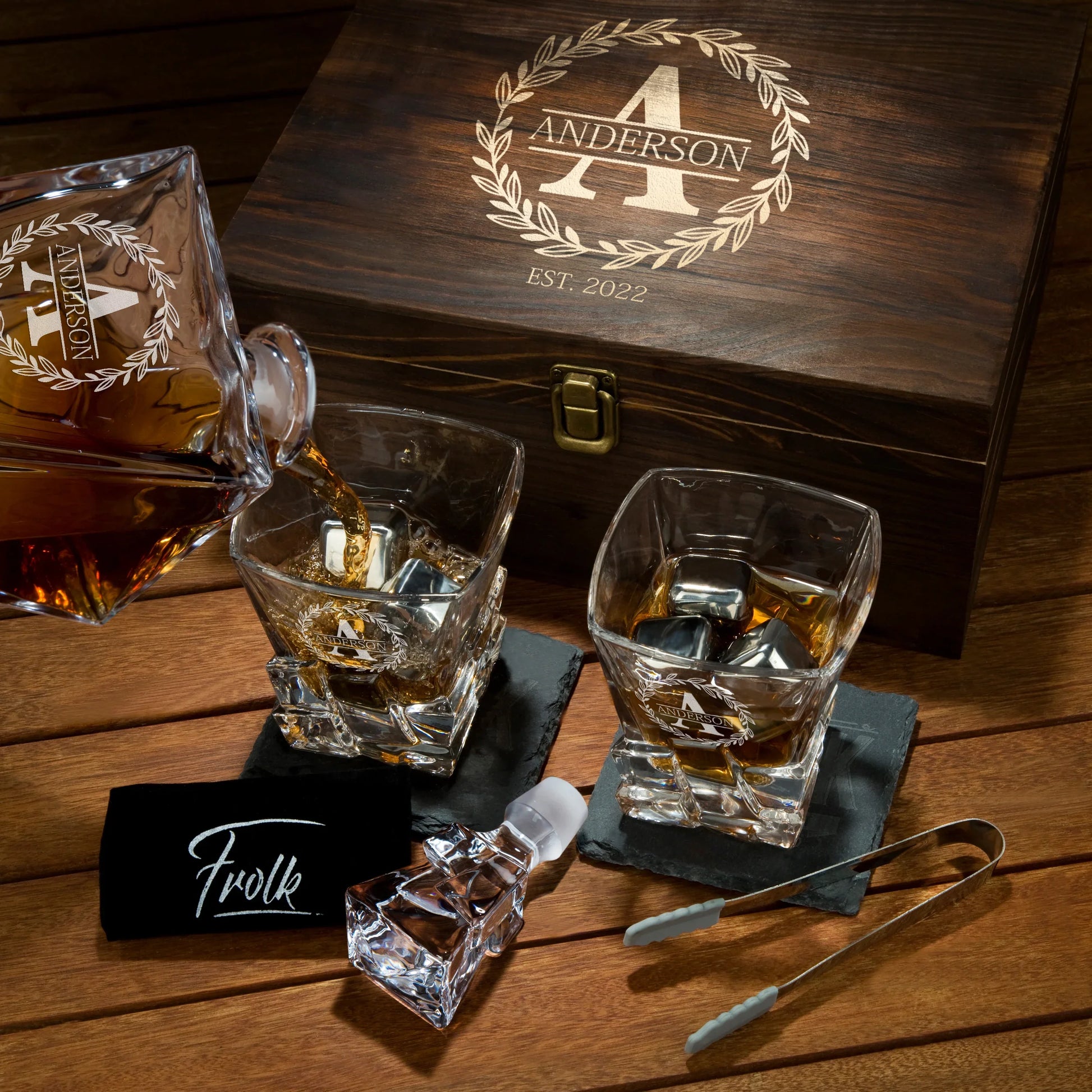 Stone Cut Frolk Whiskey Gift Set — Decanter, 2 Glasses, Premium Wooden Box