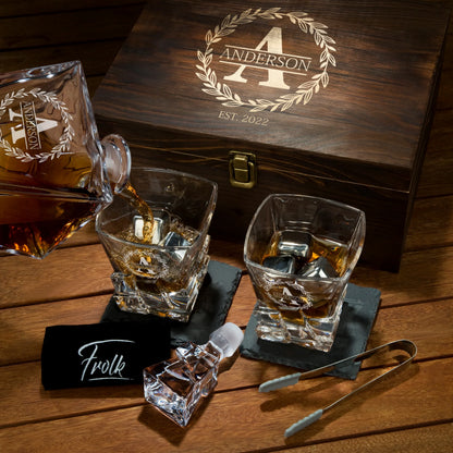 Stone Cut Frolk Whiskey Gift Set — Decanter, 2 Glasses, Premium Wooden Box