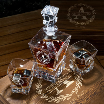 Stone Cut Frolk Whiskey Gift Set — Decanter, 2 Glasses, Premium Wooden Box